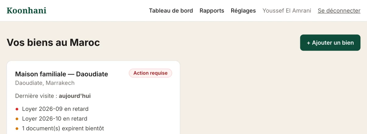Votre tableau de bord : lâĂ©tat de chaque bien, la derniĂšre visite et ce qui demande votre attention.